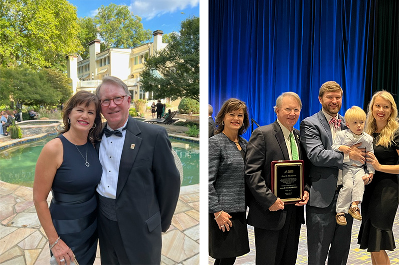 The image shows two photographs side by side on the left, an elderly man and woman posing for a photo at an outdoor event with a patio setting on the right, a group of five people receiving an award on stage, with one individual holding a plaque, all dressed in formal attire.