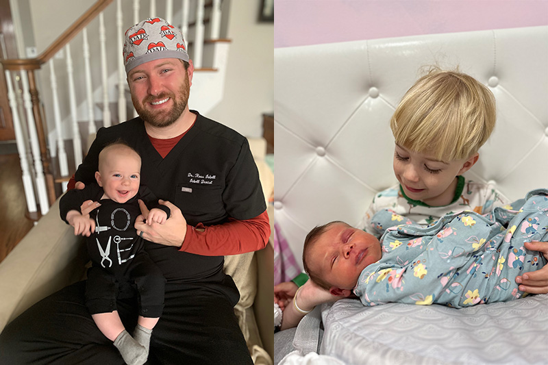 A collage of three photos featuring a man in scrubs holding two babies and a young child with a woman.