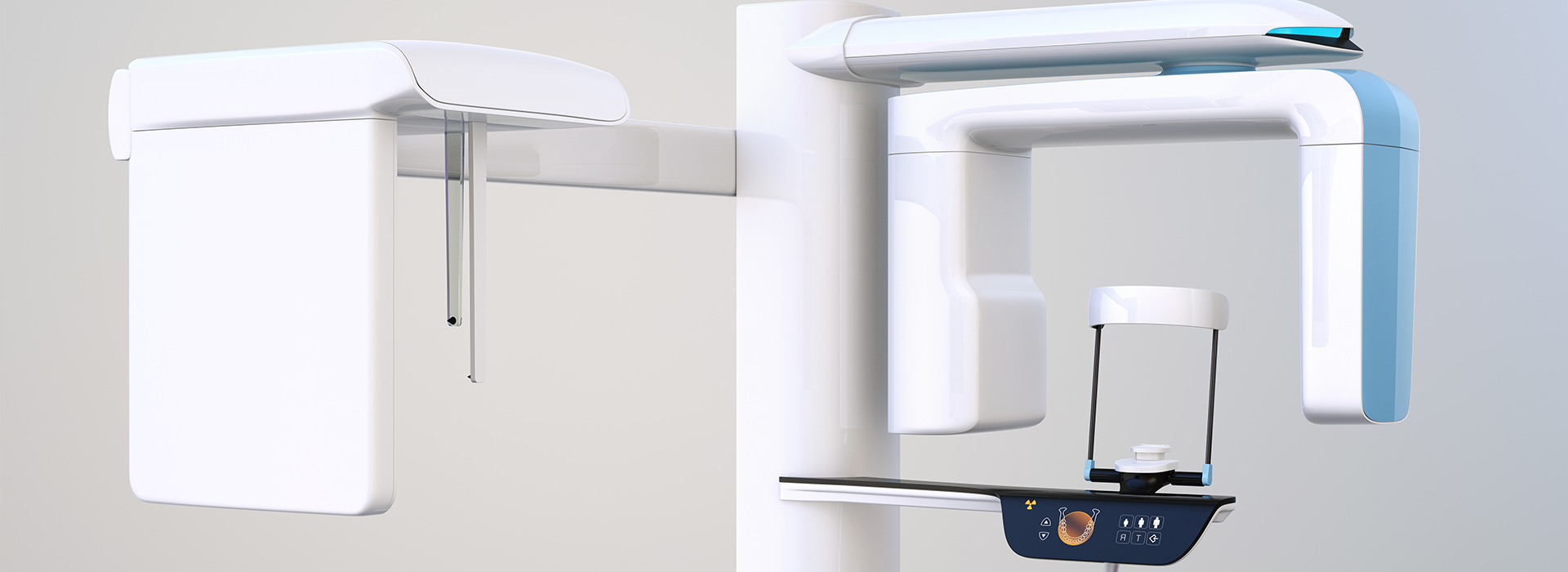 The image shows two white dental chairs with overhead lights, positioned side by side against a neutral background.